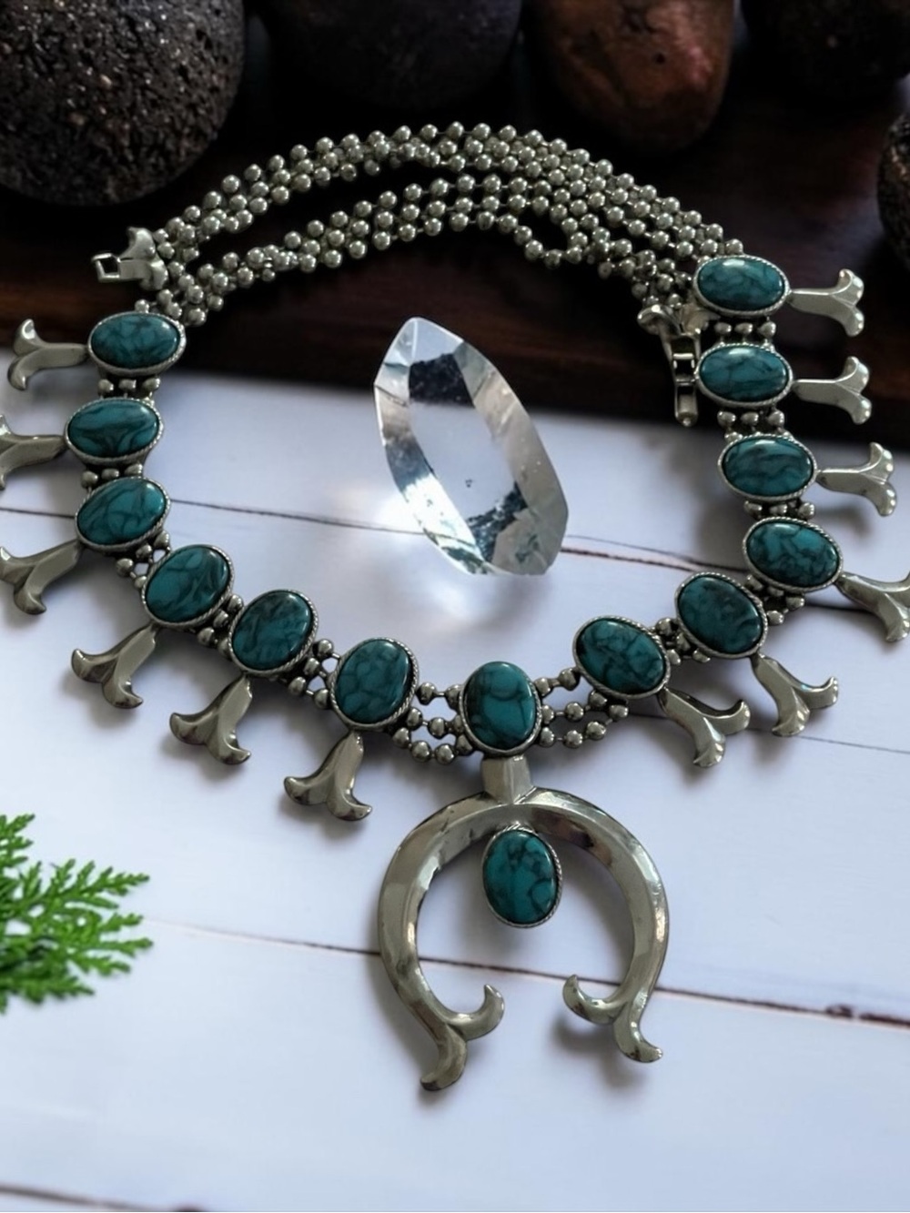 Vintage Turquoise Stone Squash Blossom Necklace - Silver Tone